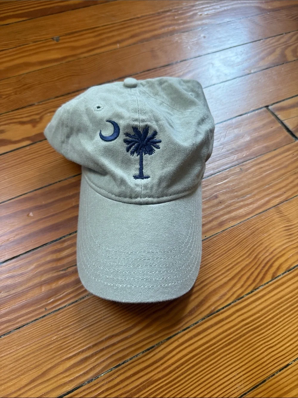 Tan Baseball Cap with Navy Palm & Crescent Embroidery